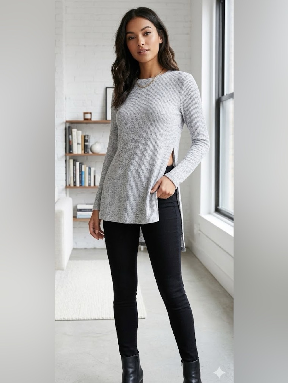 O’Neill Gray High/Low Sweater-Like Tunic Top Size Medium Classic Neutral